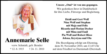Traueranzeige von Annemarie Selle von Darmstädter Echo, Odenwälder Echo, Rüsselsheimer Echo, Groß-Gerauer-Echo, Ried Echo