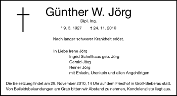 Traueranzeige von Günther W. Jörg von Darmstädter Echo, Odenwälder Echo, Rüsselsheimer Echo, Groß-Gerauer-Echo, Ried Echo