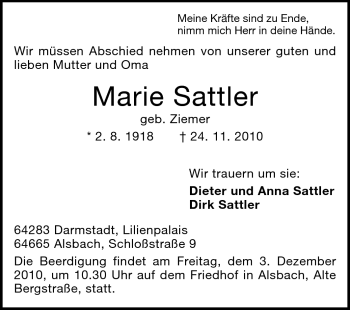Traueranzeige von Marie Sattler von Echo-Zeitungen (Gesamtausgabe)