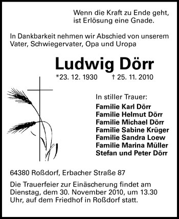 Traueranzeige von Ludwig Dörr von Echo-Zeitungen (Gesamtausgabe)