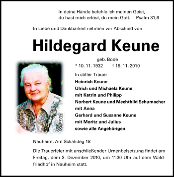Traueranzeige von Hildegard Keune von Rüsselsheimer Echo, Groß-Gerauer-Echo, Ried Echo