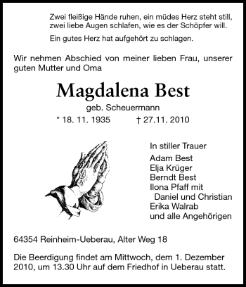 Traueranzeige von Magdalena Best von Darmstädter Echo, Odenwälder Echo, Rüsselsheimer Echo, Groß-Gerauer-Echo, Ried Echo