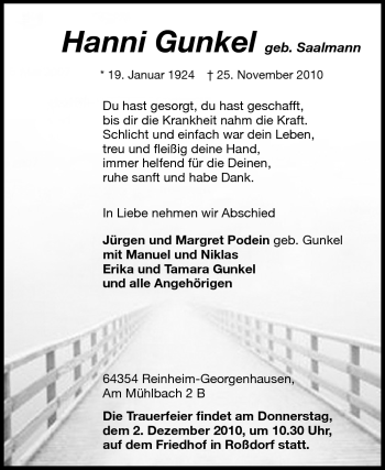 Traueranzeige von Hanni Gunkel von Echo-Zeitungen (Gesamtausgabe)
