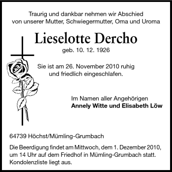 Traueranzeige von Lieselotte Dercho von Odenwälder Echo