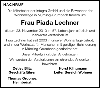 Traueranzeige von Piada Lechner von Odenwälder Echo