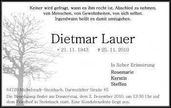 Traueranzeige von Dietmar Lauer von Odenwälder Echo