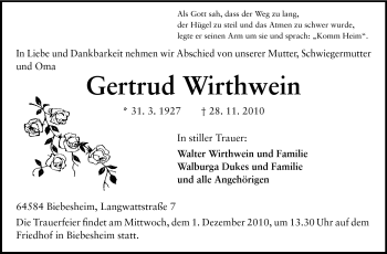 Traueranzeige von Gertrud Wirthwein von Rüsselsheimer Echo, Groß-Gerauer-Echo, Ried Echo