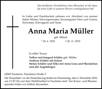Traueranzeige von Anna Maria Müller von Rüsselsheimer Echo, Groß-Gerauer-Echo, Ried Echo