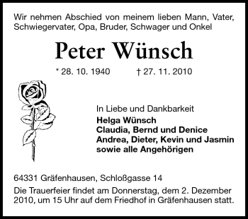 Traueranzeige von Peter Wünsch von Echo-Zeitungen (Gesamtausgabe)
