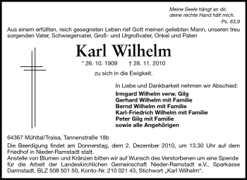 Traueranzeige von Karl Wilhelm von Darmstädter Echo, Odenwälder Echo, Rüsselsheimer Echo, Groß-Gerauer-Echo, Ried Echo