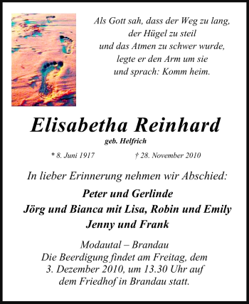 Traueranzeige von Elisabetha Reinhard von Echo-Zeitungen (Gesamtausgabe)