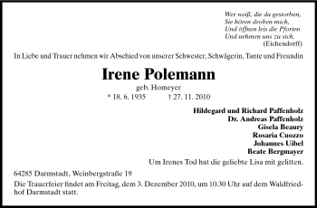 Traueranzeige von Irene Polemann von Darmstädter Echo, Odenwälder Echo, Rüsselsheimer Echo, Groß-Gerauer-Echo, Ried Echo