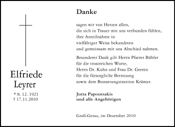 Traueranzeige von Elfriede Leyrer von Rüsselsheimer Echo, Groß-Gerauer-Echo, Ried Echo