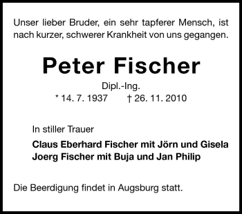 Traueranzeige von Peter Fischer von Echo-Zeitungen (Gesamtausgabe)