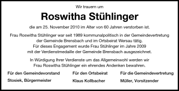 Traueranzeige von Roswitha Stühlinger von Odenwälder Echo