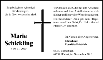 Traueranzeige von Marie Schickling von Odenwälder Echo