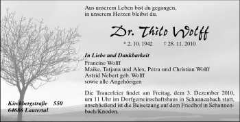 Traueranzeige von Dr. Thilo Wolff von Echo-Zeitungen (Gesamtausgabe)