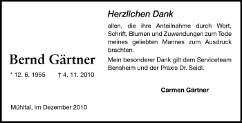 Traueranzeige von Bernd Gärtner von Echo-Zeitungen (Gesamtausgabe)
