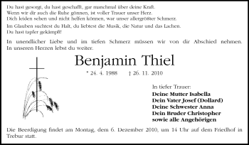 Traueranzeige von Benjamin Thiel von Rüsselsheimer Echo, Groß-Gerauer-Echo, Ried Echo