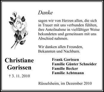 Traueranzeige von Christiane Gorissen von Rüsselsheimer Echo, Groß-Gerauer-Echo, Ried Echo