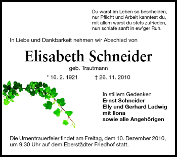Traueranzeige von Elisabeth Schneider von Echo-Zeitungen (Gesamtausgabe)