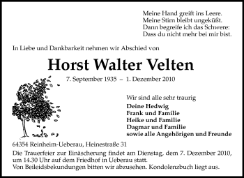Traueranzeige von Horst Walter Velten von Darmstädter Echo, Odenwälder Echo, Rüsselsheimer Echo, Groß-Gerauer-Echo, Ried Echo
