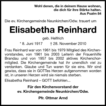 Traueranzeige von Elisabetha Reinhard von Darmstädter Echo, Odenwälder Echo, Rüsselsheimer Echo, Groß-Gerauer-Echo, Ried Echo