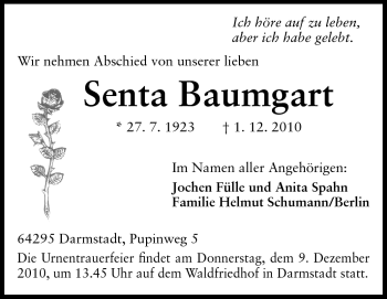 Traueranzeige von Senta Baumgart von Darmstädter Echo, Odenwälder Echo, Rüsselsheimer Echo, Groß-Gerauer-Echo, Ried Echo