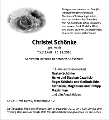 Traueranzeige von Christel Schönke von Rüsselsheimer Echo, Groß-Gerauer-Echo, Ried Echo
