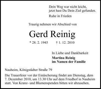 Traueranzeige von Gerd Reinig von Rüsselsheimer Echo, Groß-Gerauer-Echo, Ried Echo
