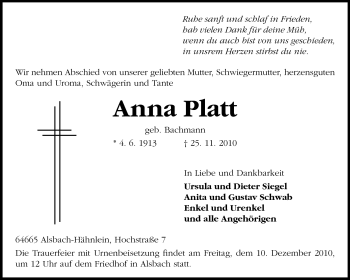 Traueranzeige von Anna Platt von Echo-Zeitungen (Gesamtausgabe)