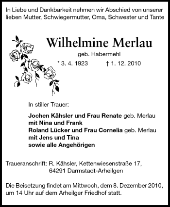 Traueranzeige von Wilhelmine Merlau von Echo-Zeitungen (Gesamtausgabe)