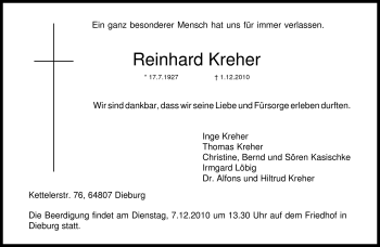 Traueranzeige von Reinhard Kreher von Echo-Zeitungen (Gesamtausgabe)