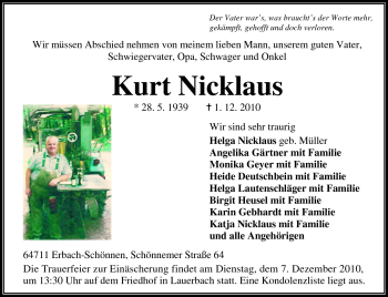 Traueranzeige von Kurt Nicklaus von Odenwälder Echo