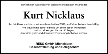 Traueranzeige von Kurt Nicklaus von Odenwälder Echo