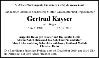 Traueranzeige von Gertrud Kayser von Darmstädter Echo, Odenwälder Echo, Rüsselsheimer Echo, Groß-Gerauer-Echo, Ried Echo