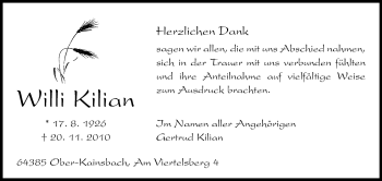 Traueranzeige von Willi Kilian von Odenwälder Echo