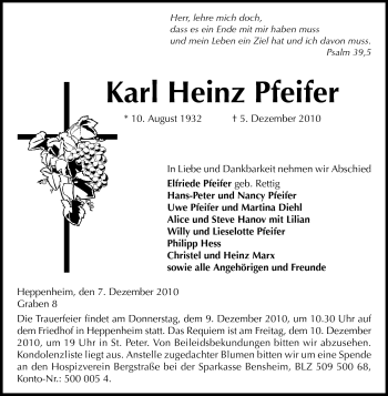 Traueranzeige von Karl Heinz Pfeifer von Starkenburger Echo
