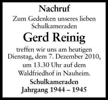 Traueranzeige von Gerd Reinig von Rüsselsheimer Echo, Groß-Gerauer-Echo, Ried Echo
