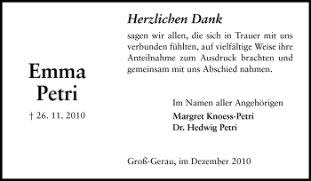 Traueranzeige von Emma Petri von Rüsselsheimer Echo, Groß-Gerauer-Echo, Ried Echo