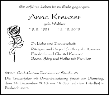 Traueranzeige von Anna Kreuzer von Rüsselsheimer Echo, Groß-Gerauer-Echo, Ried Echo