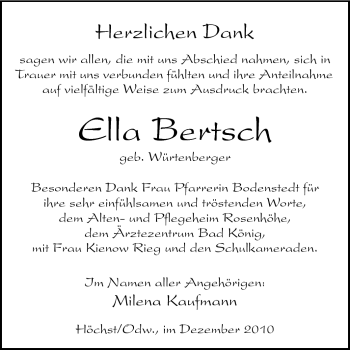 Traueranzeige von Ella Bertsch von Odenwälder Echo