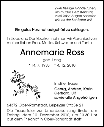Traueranzeige von Annemarie Ross von Darmstädter Echo, Odenwälder Echo, Rüsselsheimer Echo, Groß-Gerauer-Echo, Ried Echo