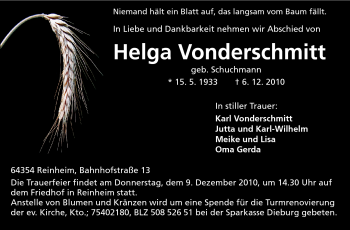 Traueranzeige von Helga Vonderschmitt von Darmstädter Echo, Odenwälder Echo, Rüsselsheimer Echo, Groß-Gerauer-Echo, Ried Echo