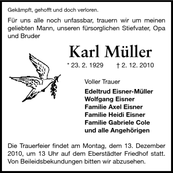 Traueranzeige von Karl Müller von Echo-Zeitungen (Gesamtausgabe)