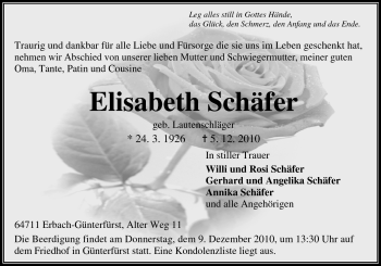 Traueranzeige von Elisabeth Schäfer von Odenwälder Echo
