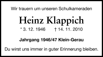 Traueranzeige von Heinz Klappich von Rüsselsheimer Echo, Groß-Gerauer-Echo, Ried Echo