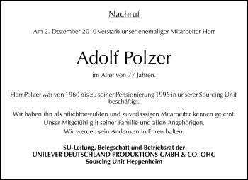 Traueranzeige von Adolf Polzer von Starkenburger Echo