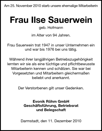 Traueranzeige von Ilse Sauerwein von Darmstädter Echo, Odenwälder Echo, Rüsselsheimer Echo, Groß-Gerauer-Echo, Ried Echo