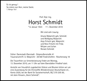 Traueranzeige von Horst Schmidt von Echo-Zeitungen (Gesamtausgabe)
